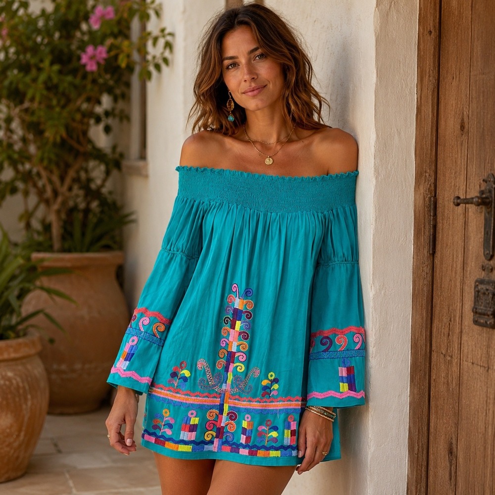 VaVa by Joy Han Off The Shoulder Dress Womens M Teal Embroidered Tunic Boho Folk